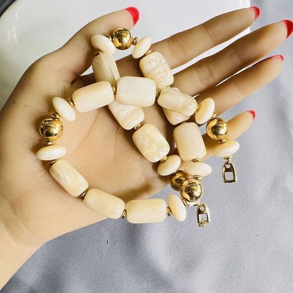 Vintage Napier Lucite Pearlized Earth Gold Tone Beaded Necklace Chunky 1457 - Picture 5 of 10